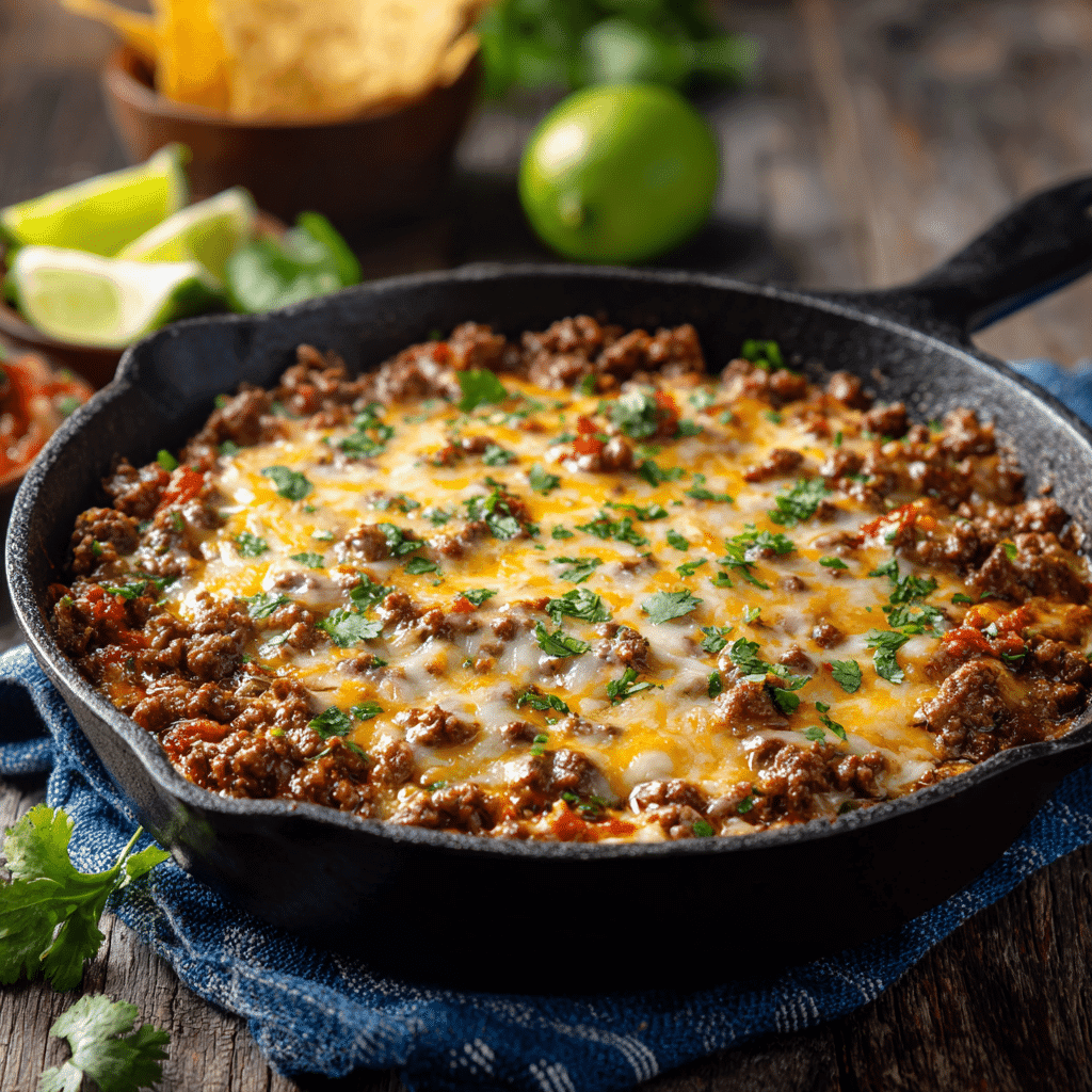 Cheesy Ground Beef Taco Skillet in Cast Iron Pan