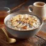 High protein breakfast oatmeal in a cozy kitchen