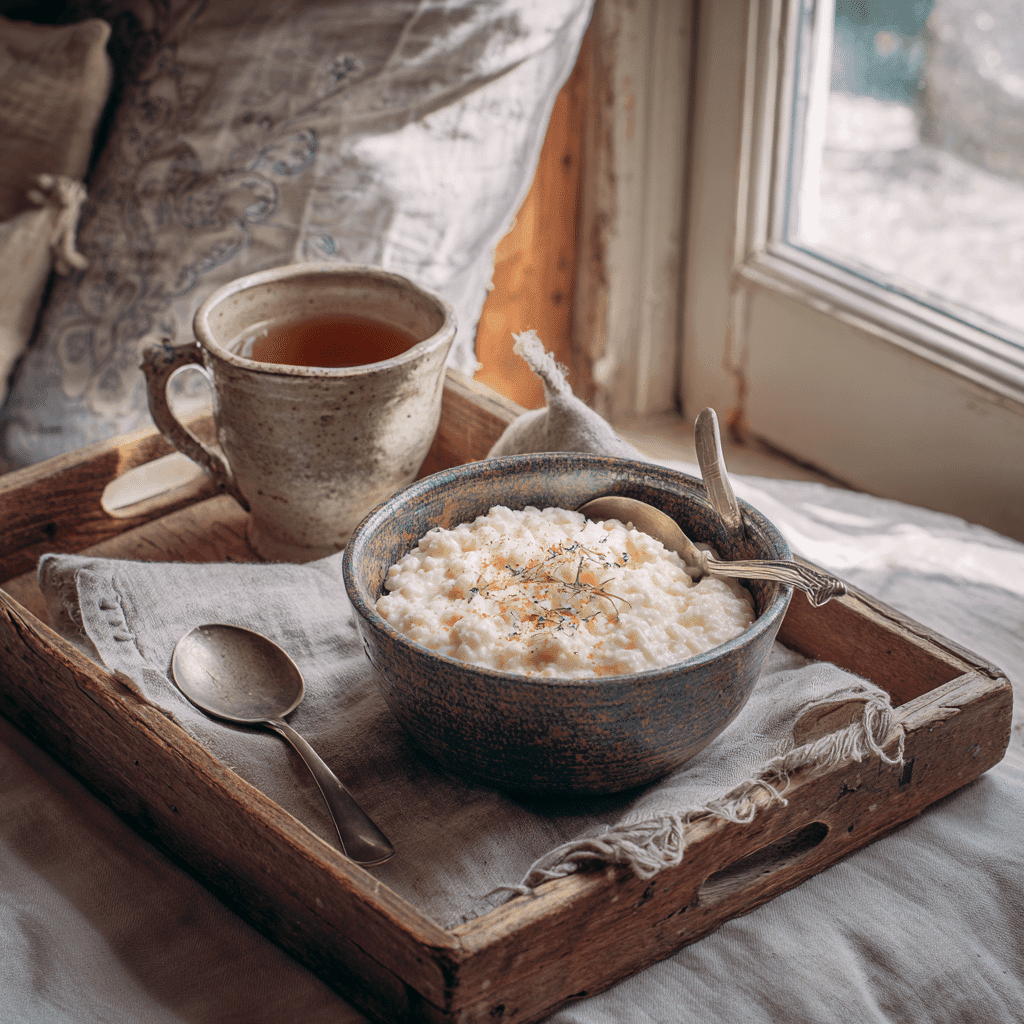 Served cottage cheese protein breakfast bowl with tea