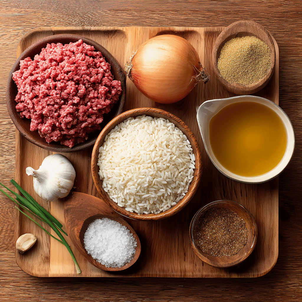 Ingredients for easy beef and rice one-pan dinner