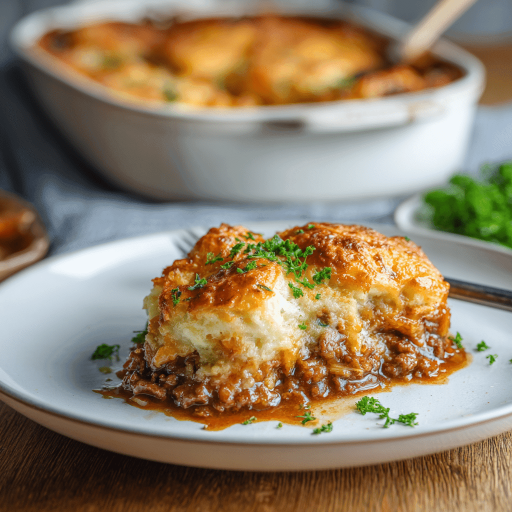 Plated ground beef casserole with garnish
