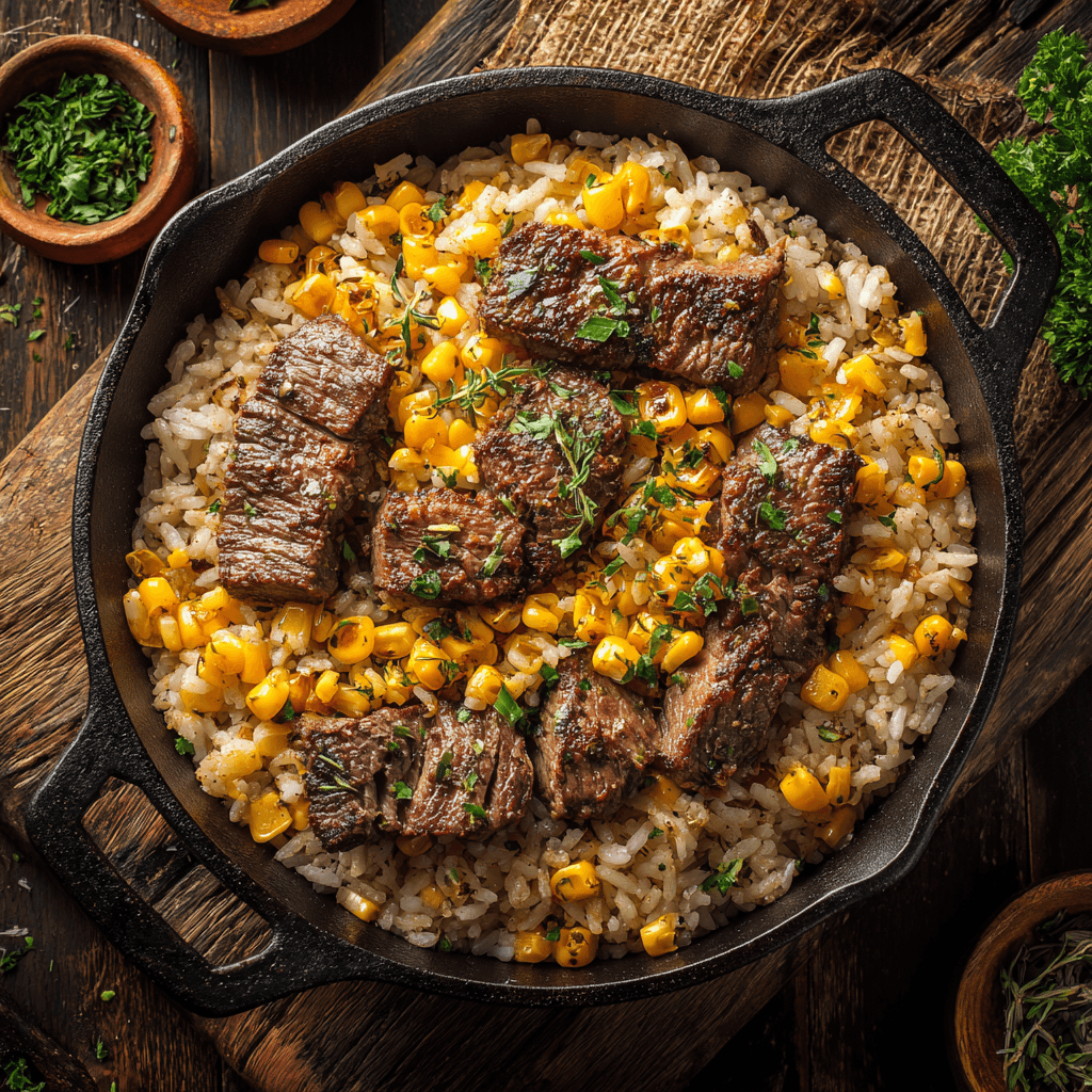 Easy beef and rice one-pan dinner in skillet