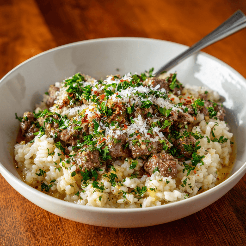Served bowl of easy beef and rice one-pan dinner