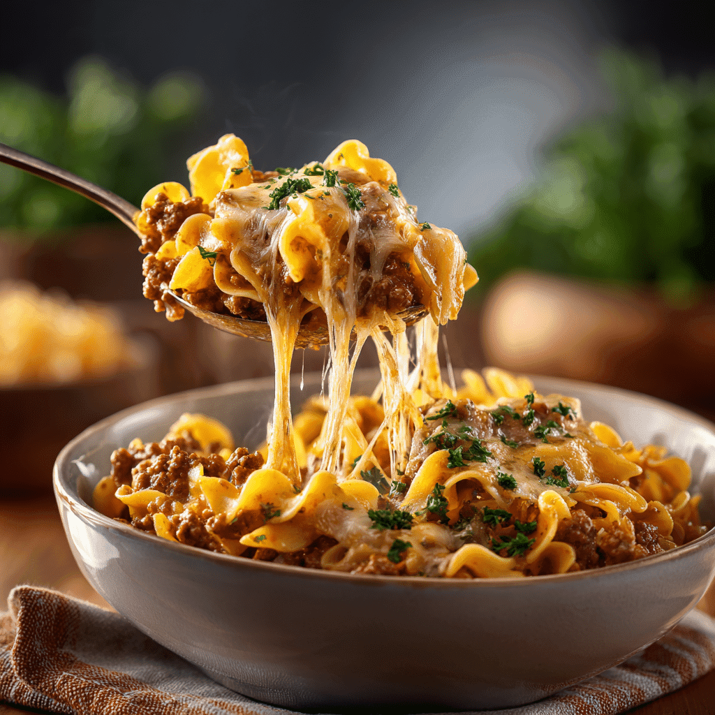 Serving creamy ground beef and noodles