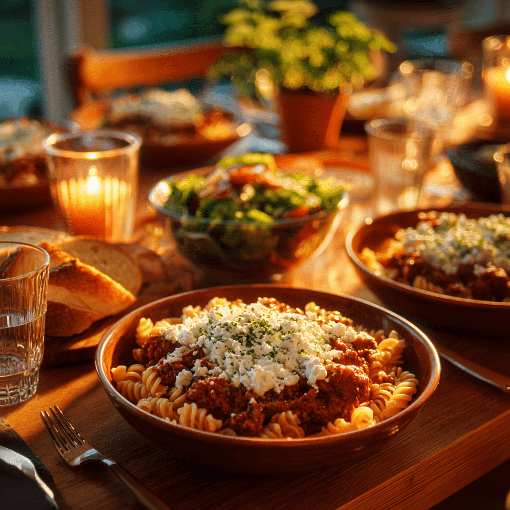 Serving Ground Beef Pasta with Cottage Cheese dinner
