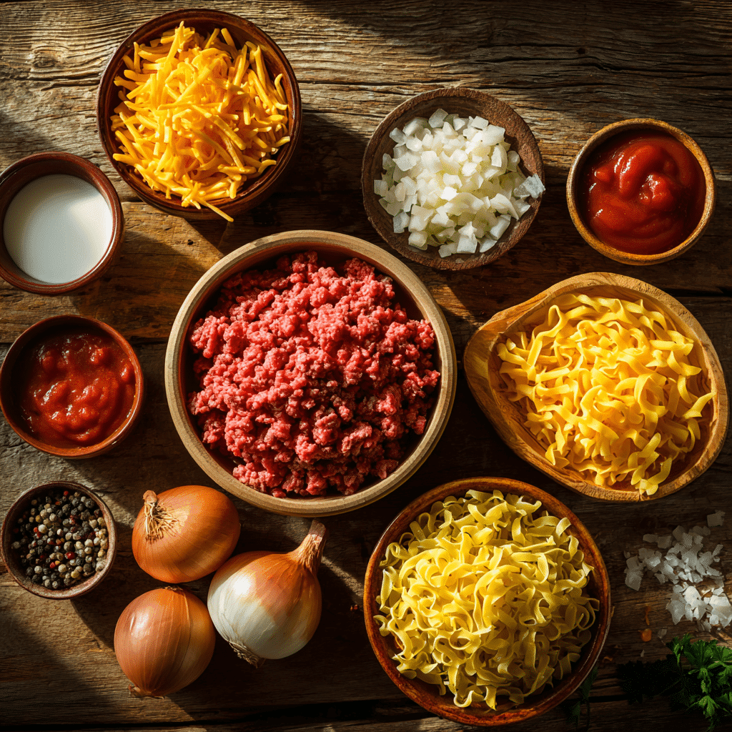 Ground beef casserole ingredients laid out