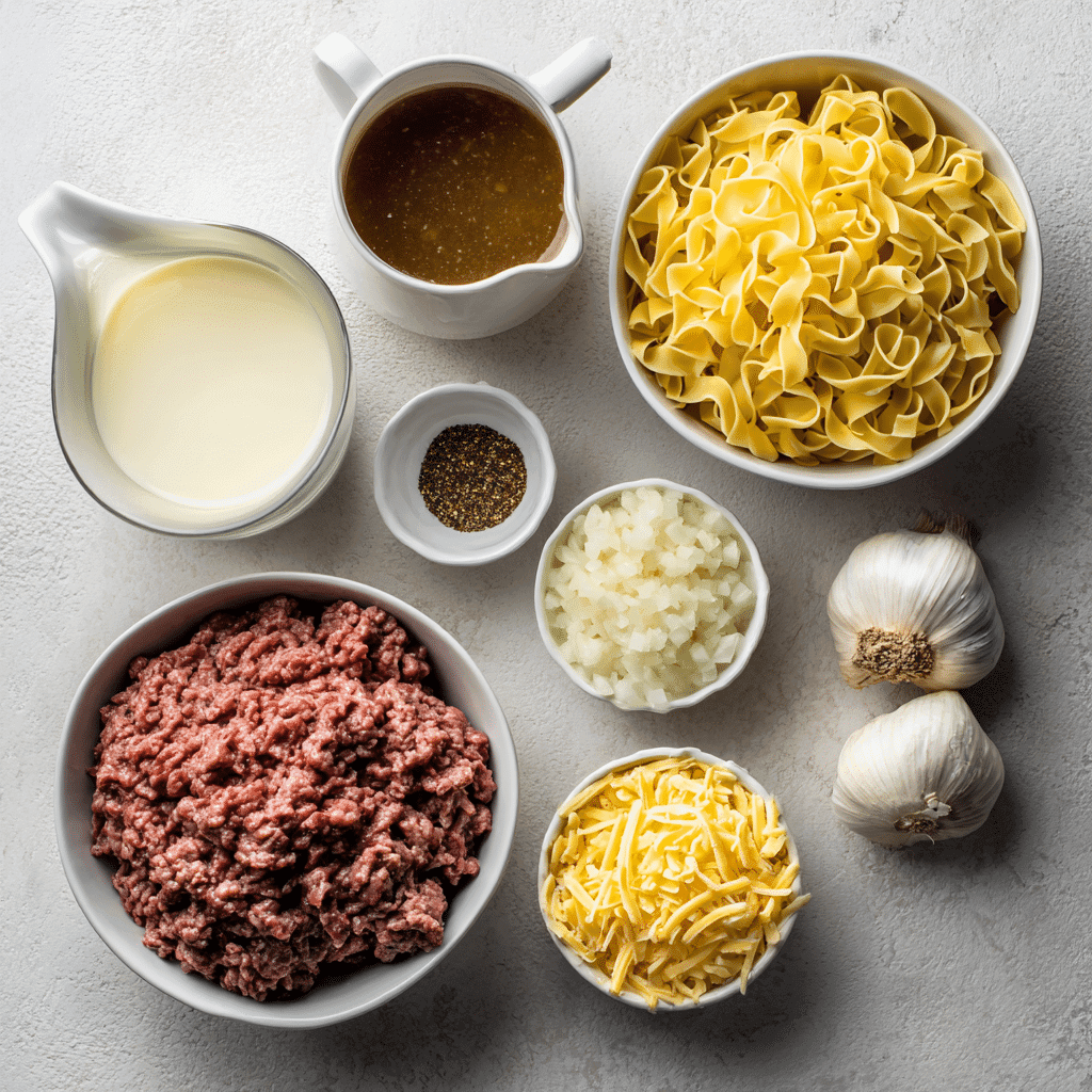 Ingredients for ground beef and noodles one pot