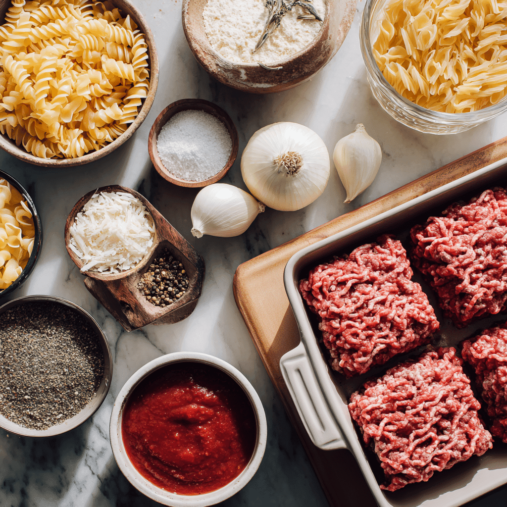 Ingredients for Easy Ground Beef Bake
