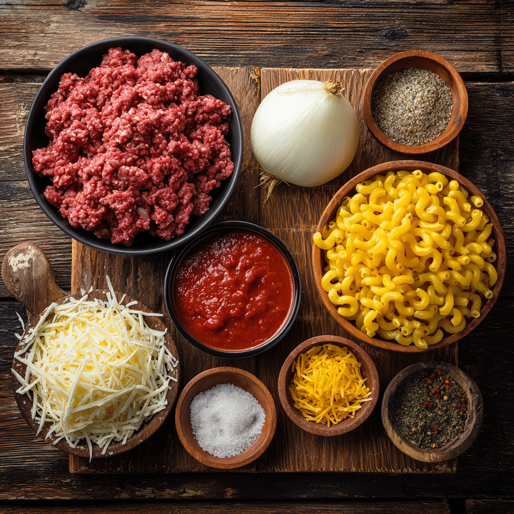 Ingredients for ground beef pasta casserole