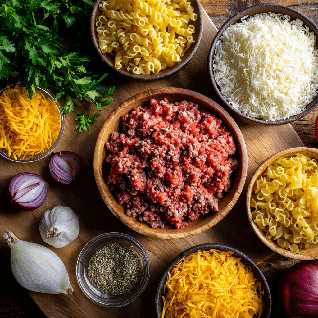 Ingredients for cheesy beef casserole one pan