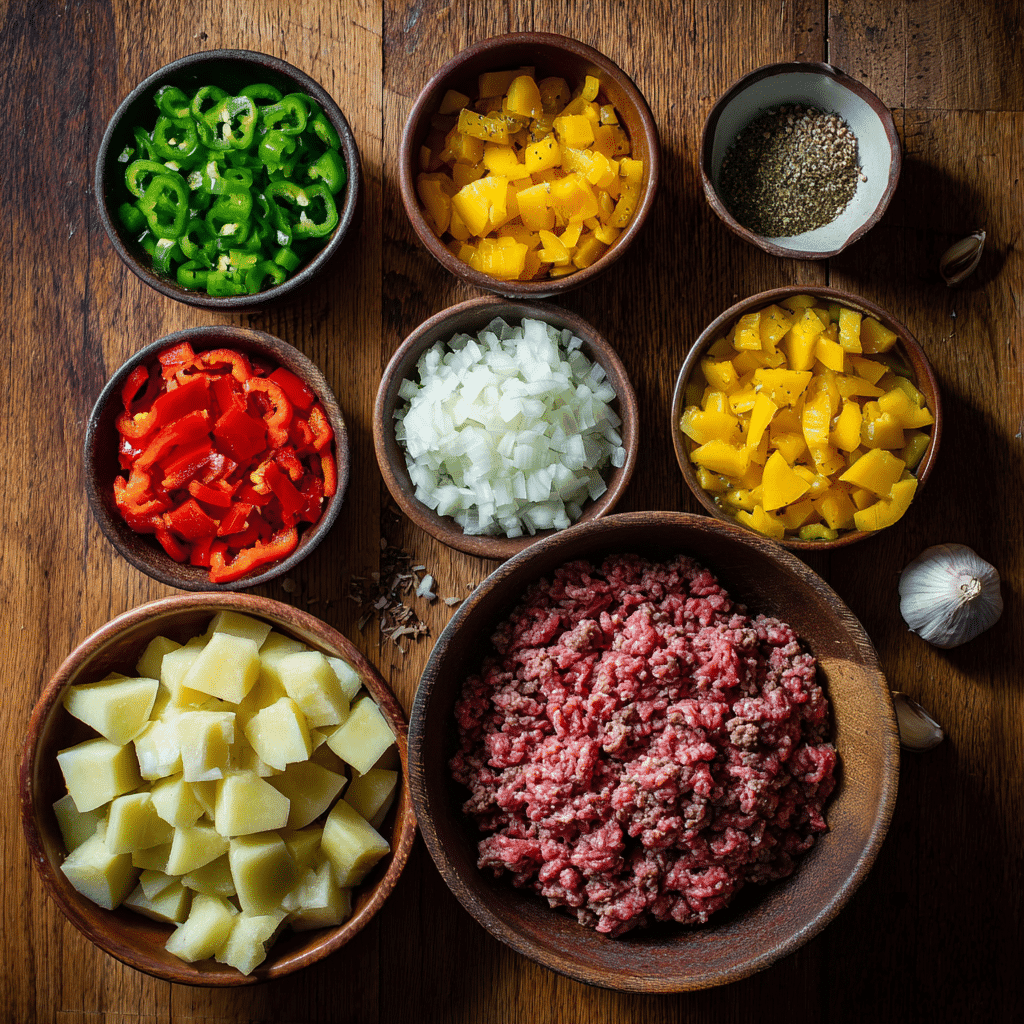 Ingredients for one-pan ground beef dinner recipe