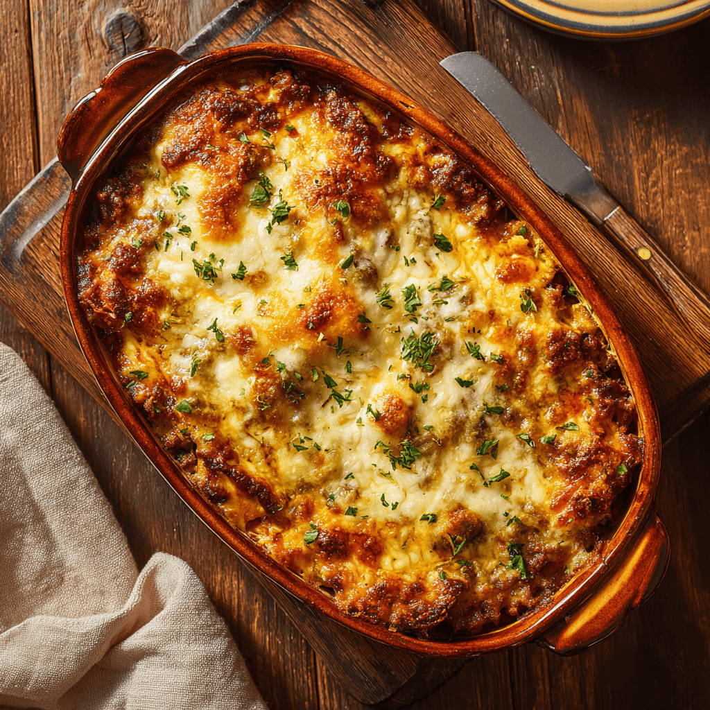 Easy Ground Beef Bake for Dinner in rustic casserole
