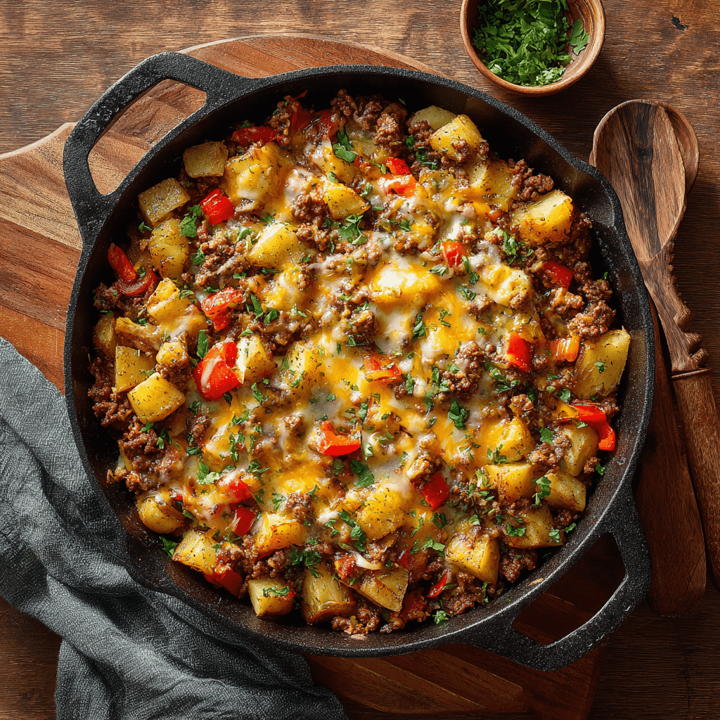 One-Pan Ground Beef Dinner Recipe cooked in skillet