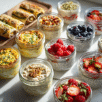 Make-Ahead Protein Breakfast Recipes arranged in meal prep containers