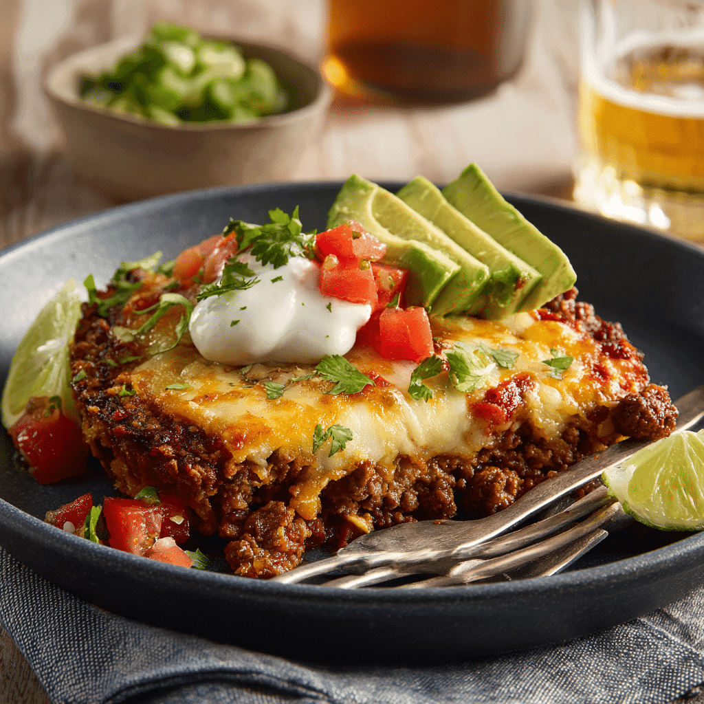 Served portion of Cheesy Ground Beef Taco Skillet with toppings