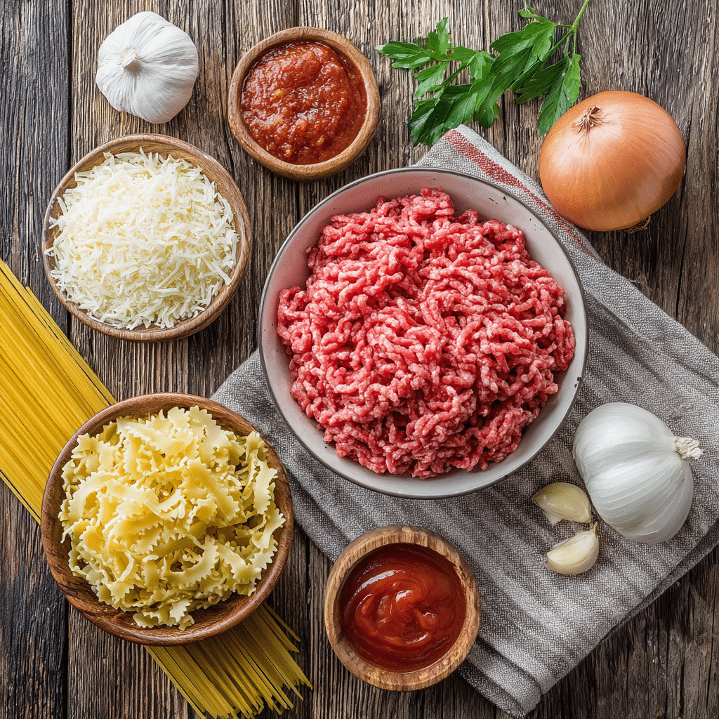 Ingredients for budget-friendly ground beef casserole
