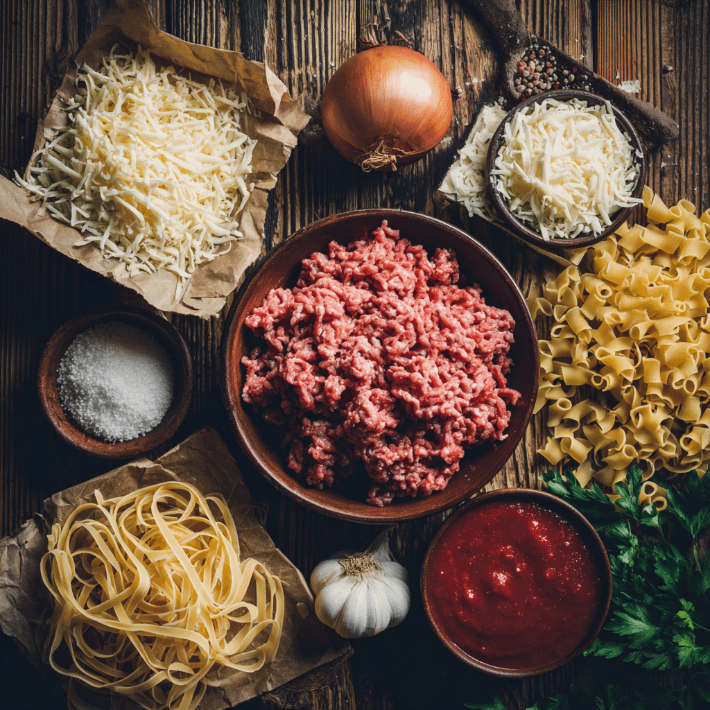 Ingredients for cheesy ground beef weeknight meal