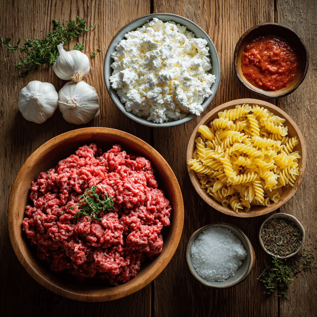 Ingredients for Ground Beef Pasta with Cottage Cheese
