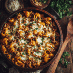 Ground beef casserole with pasta in baking dish