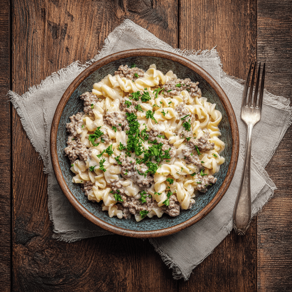 Ground beef and noodles one pot served in rustic bowl