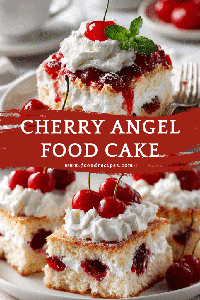 Easy Cherry Pie Filling Angel Food Cake Dessert recipe with whipped cream and cherries.