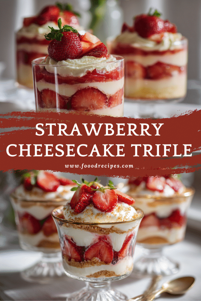 Easy strawberry cheesecake pudding trifle layered dessert with strawberries and whipped cream.