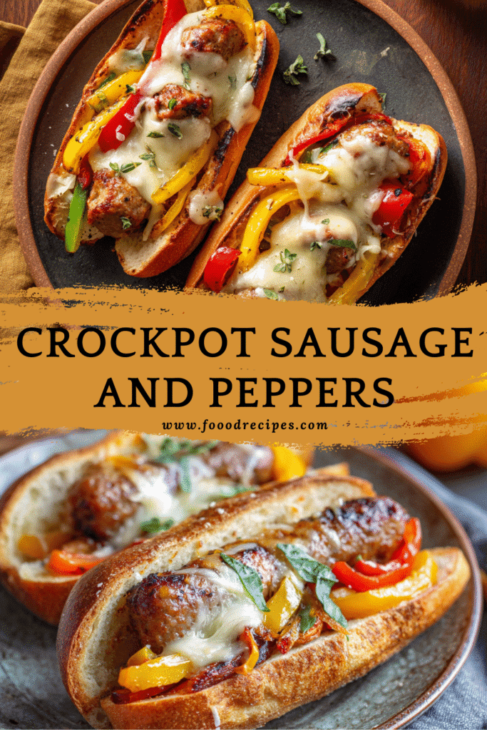 Crockpot sausage and peppers sandwich with melted cheese and bell peppers on toasted bread