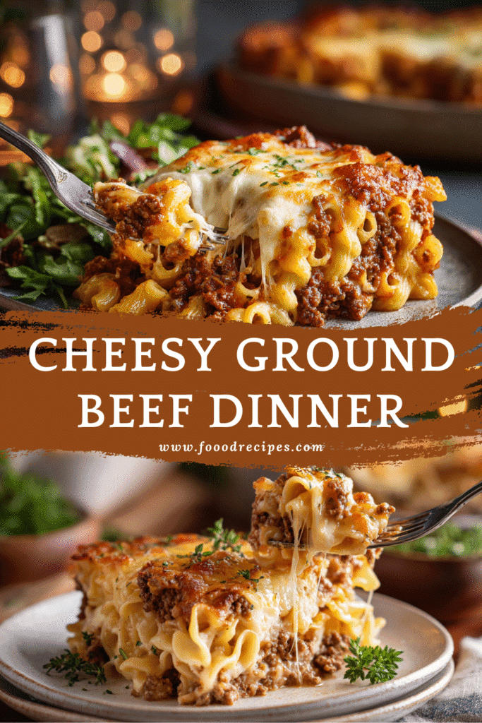 Cheesy Ground Beef Dinner Bake casserole with pasta, ground beef, and melted cheese served on a plate.