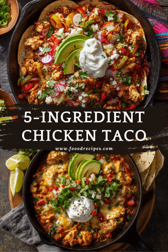 Easy 5 Ingredient Chicken Taco Skillet with avocado, sour cream, cheese, and tortillas in a cast iron pan