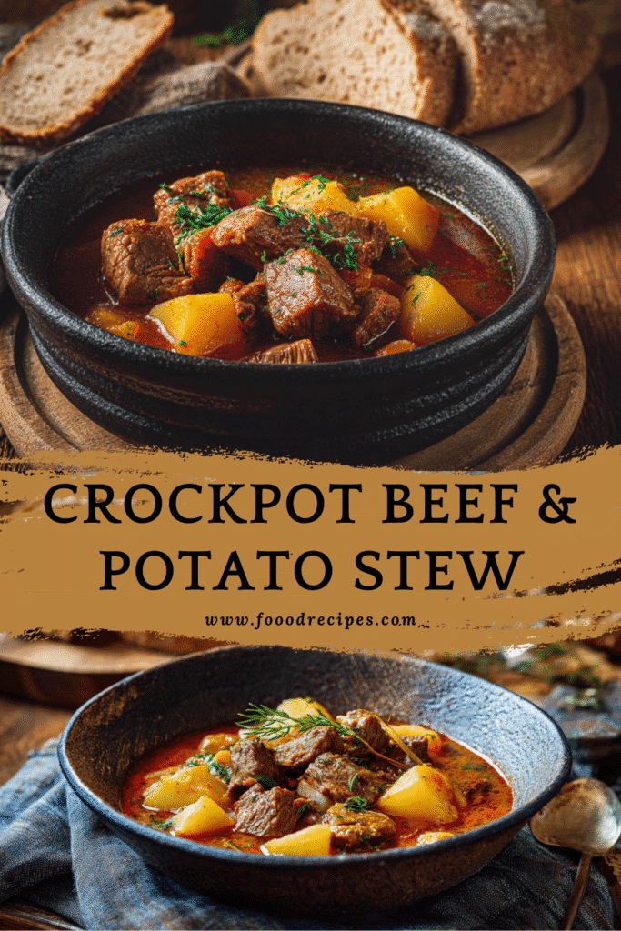 slow cooker beef and potato stew with tender beef chunks and potatoes in rich broth