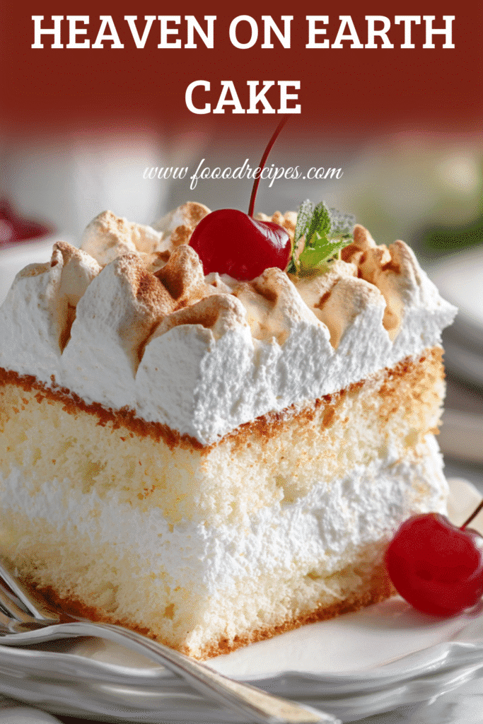 Slice of Heaven on Earth Cake with Angel Food Cake topped with whipped cream and cherry
