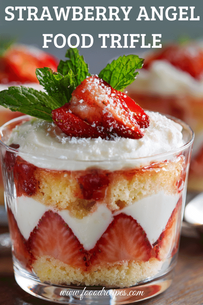 Strawberry angel food cake trifle in glass cup with whipped cream and fresh strawberry topping