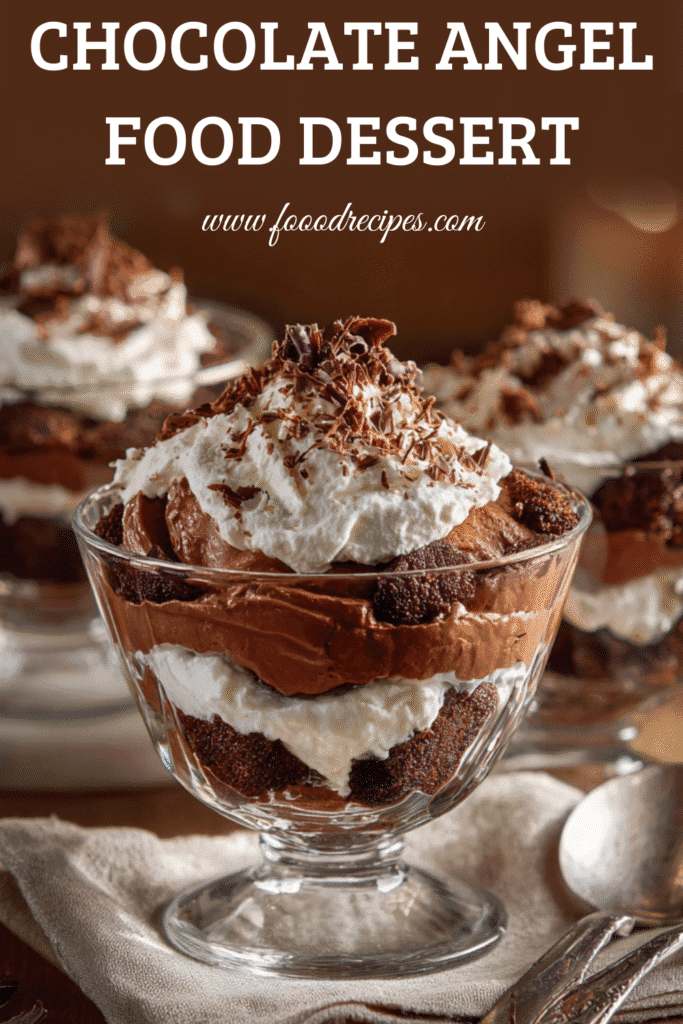 Chocolate Angel Food Cake Layered Dessert with chocolate pudding and whipped cream