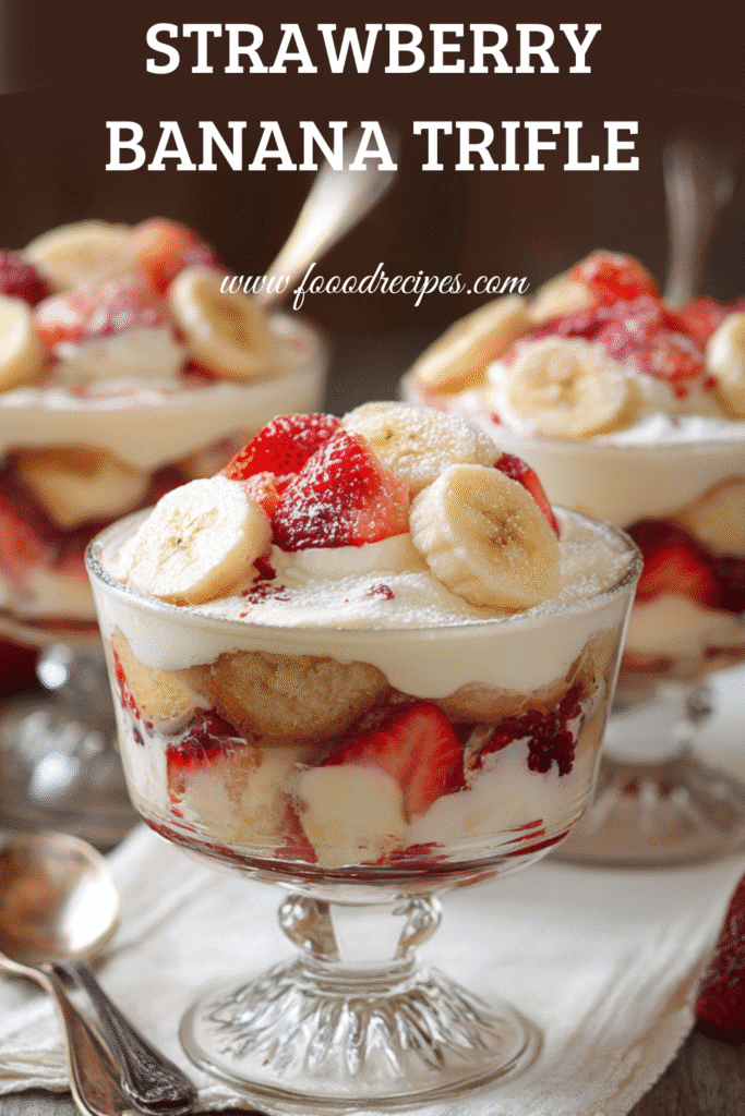 Easy strawberry banana cream trifle dessert layered with fresh fruit, cake cubes, and creamy pudding.
