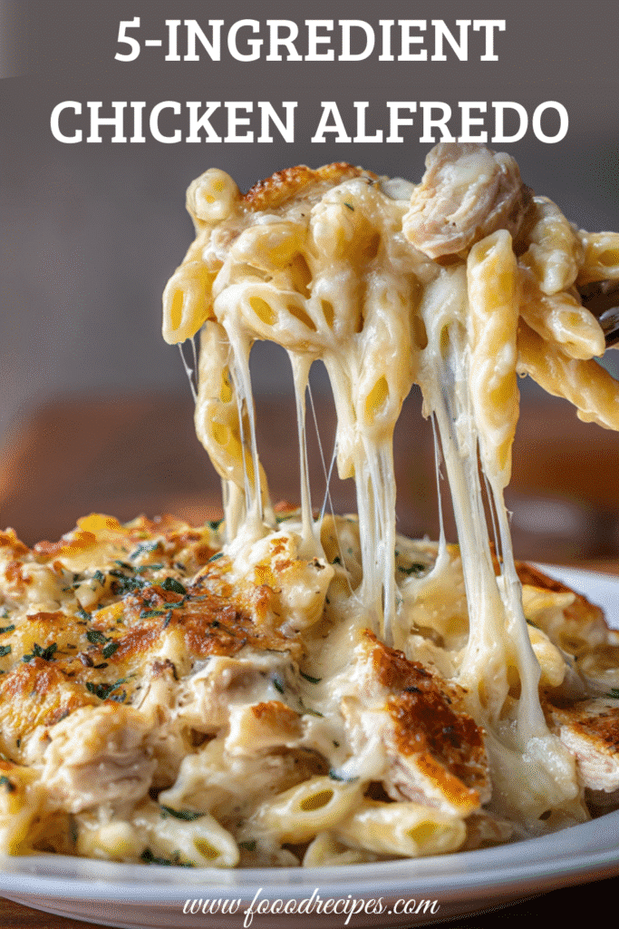 5 Ingredient Chicken Alfredo Bake creamy pasta casserole with melted cheese and chicken