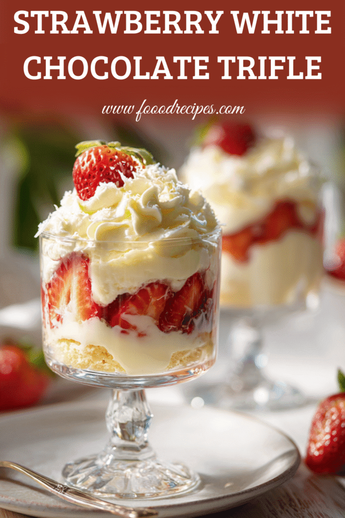 Easy Strawberry White Chocolate Trifle recipe with fresh strawberries and white chocolate cream.