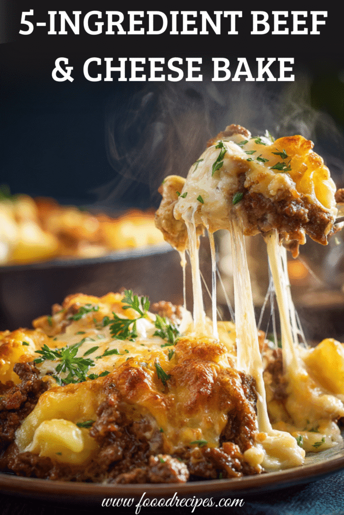 Cheesy 5 ingredient beef and cheese casserole bake with melted cheese stretch.