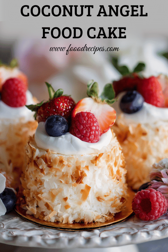 Fluffy coconut angel food cake dessert cups layered with whipped cream and topped with strawberries, raspberries, and blueberries.