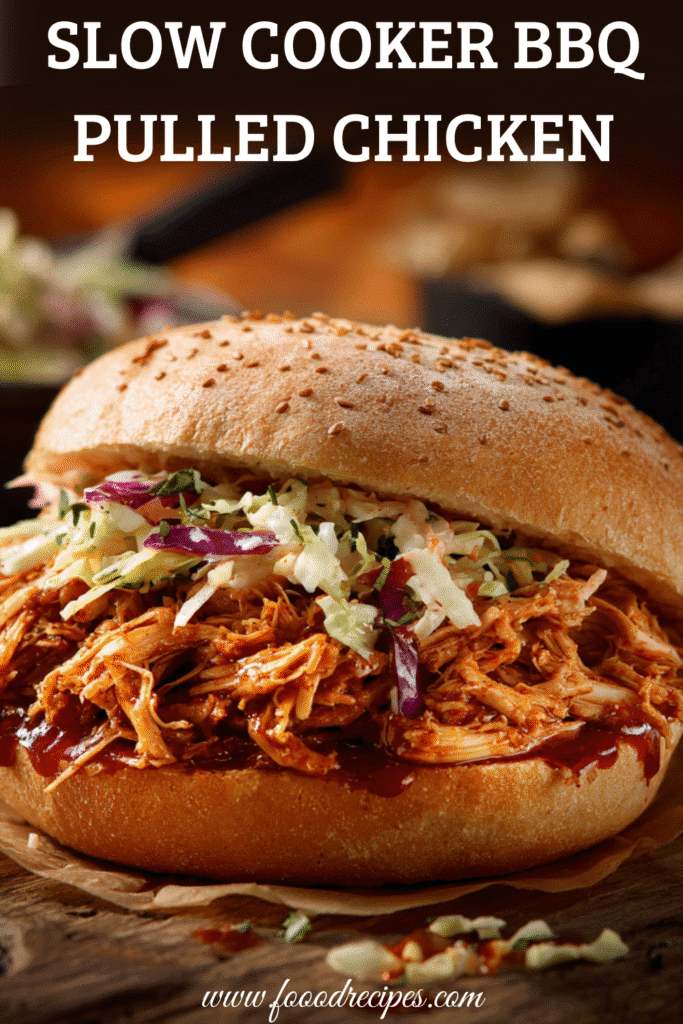 Slow Cooker BBQ Pulled Chicken sandwich with coleslaw on toasted bun