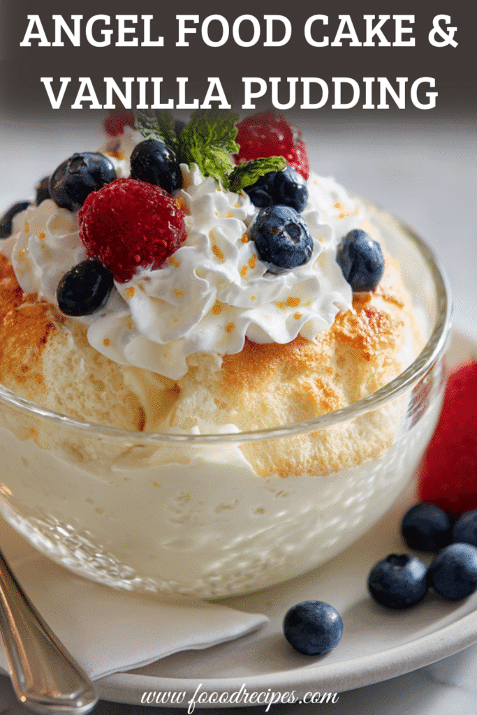 Angel Food Cake and Vanilla Pudding Dessert with whipped cream and berries