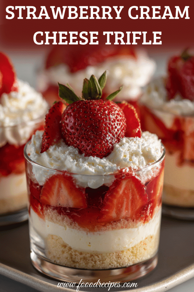 Strawberry Cream Cheese Trifle in a glass cup with layers of cake, cream cheese filling, and fresh strawberries