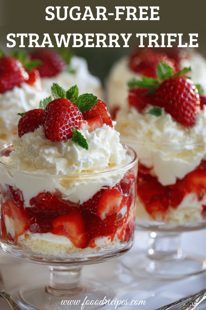 Sugar-Free Strawberry Trifle Cups layered with strawberries and cream