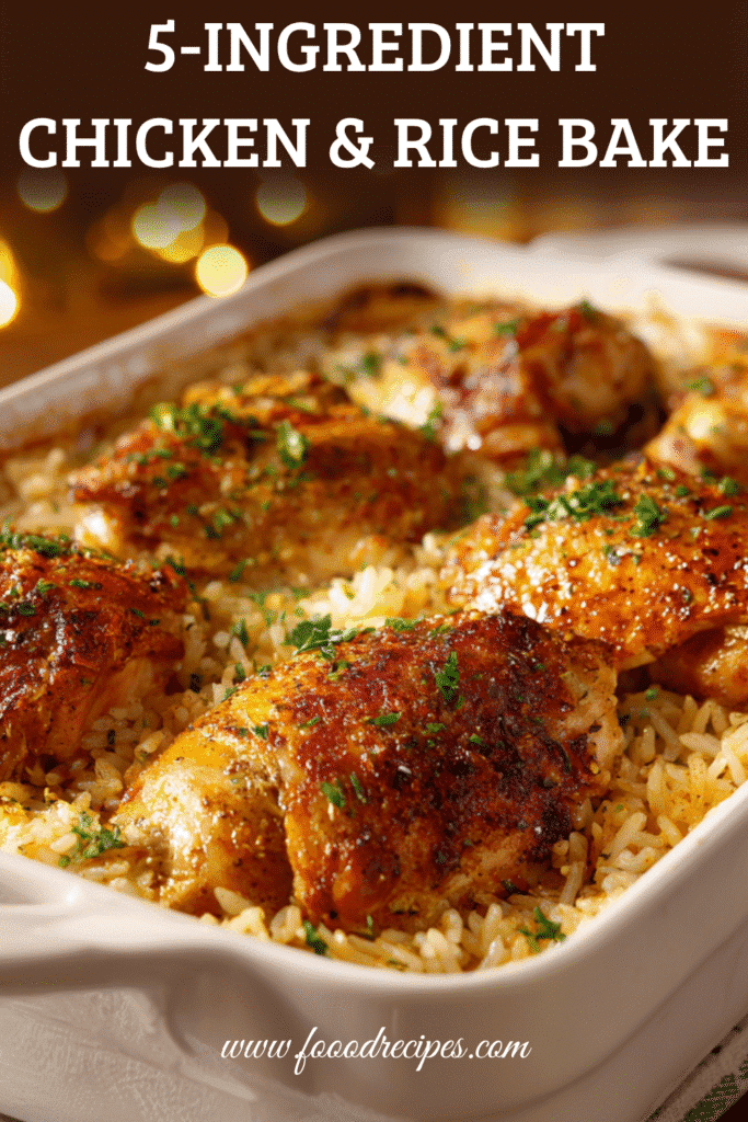 easy chicken and rice bake casserole with golden baked chicken and fluffy rice