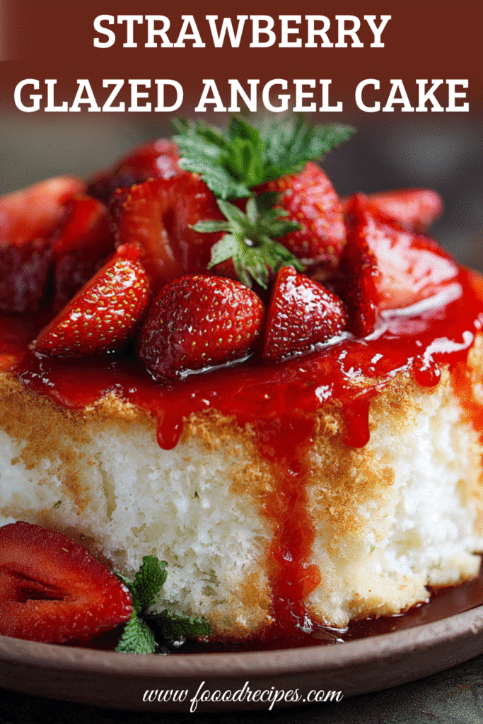 angel food cake with strawberry glaze topped with fresh strawberries and sweet sauce