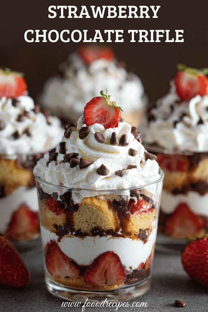 Strawberry Chocolate Chip Trifle in glass with whipped cream and strawberries
