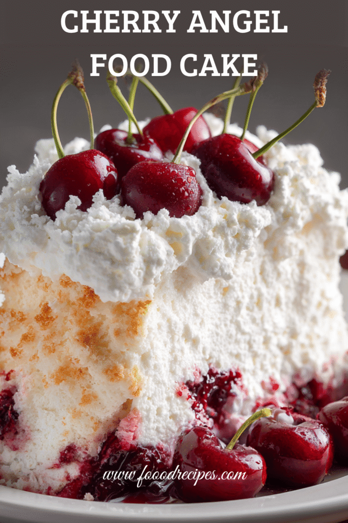 Angel Food Cake with Cherry Whipped Cream topped with fresh cherries