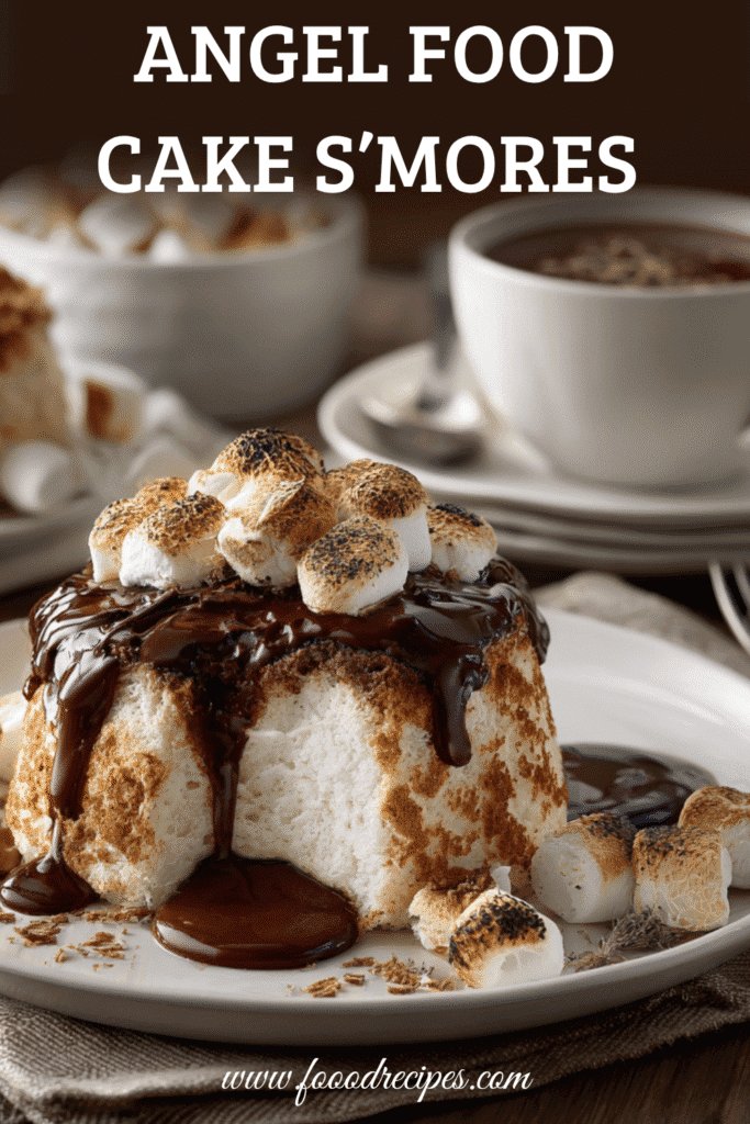 Angel Food Cake S’mores Dessert topped with melted chocolate and toasted marshmallows on a fluffy cake