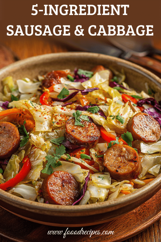 5 ingredient sausage and cabbage stir fry with browned sausage slices and sautéed cabbage in a bowl