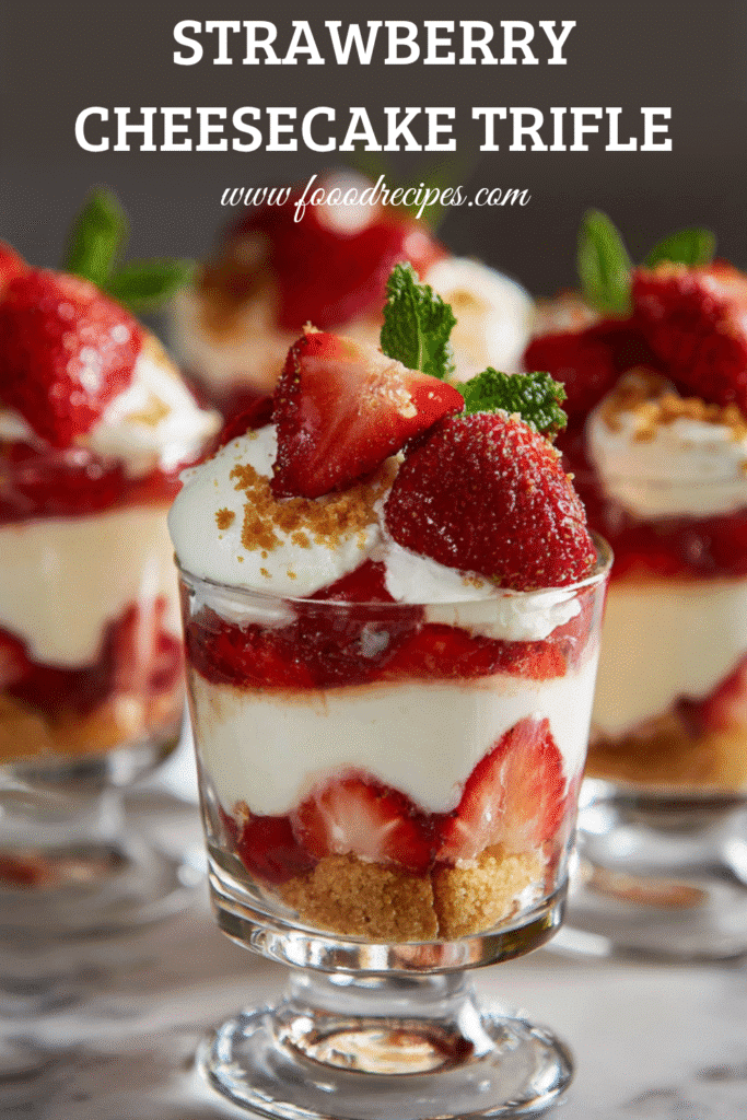 No-Bake Strawberry Cheesecake Trifle in a glass cup with layers of strawberries, cream, and cake