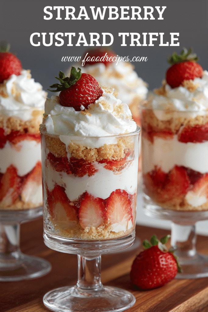Strawberry trifle with homemade custard layered in glass cups with fresh strawberries and whipped cream